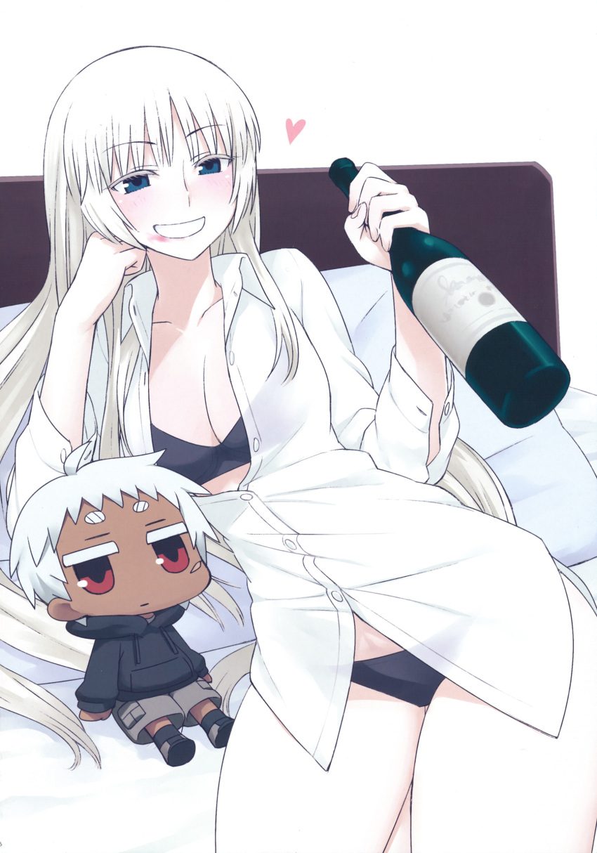 1girl, absurdres, blue_eyes, blush, bra, chan_co, chibi, dark_skin, drunk, expressionless, eyebrows, flat_gaze, heart, highres, hoodie, johnathan_mar, jormungand, koko_hekmatyar, lip_stick, long_hair, no_pants, open_clothes, open_shirt, pillow, red_eyes, scar, shorts, smeared_lipstick, underwear, white_hair
