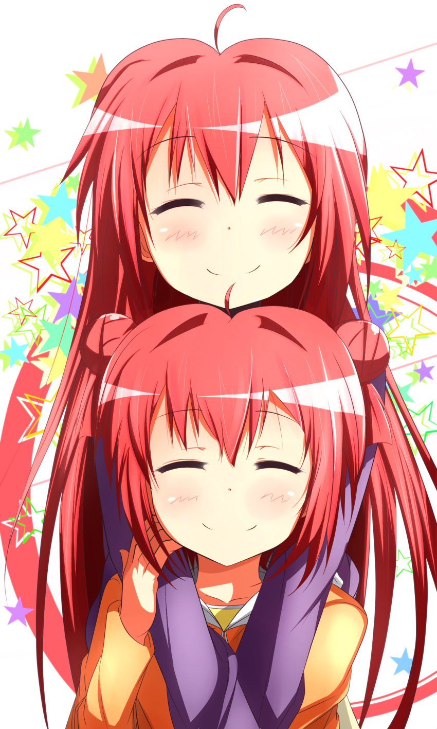 ^_^, absurdres, ahoge, akaza_akane, akaza_akari, closed_eyes, double_bun, ehimedaisuki