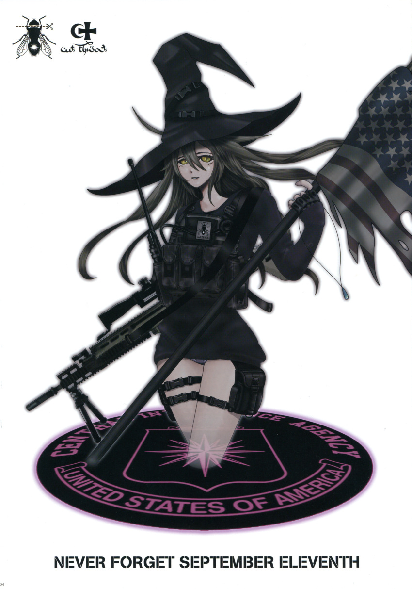 absurdres, american_flag, bee, bipod, cross, fingerless_gloves, flag, fujiwara