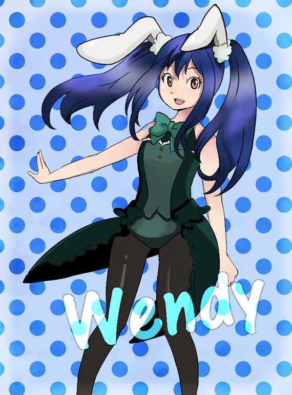 akane_(tpaknwt), animal_ears, blue_hair, bow, bunny_ears, character_name, fairy_tail, leotard, long_hair, pantyhose, rabbit_ears, solo, twintails, wendy_marvell