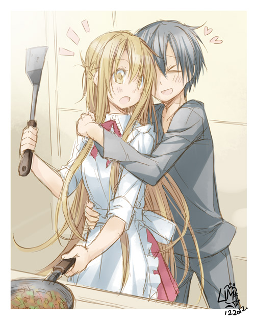 >_<, 1girl, apron, artist_name, asuna_(sao), black_hair, brown_eyes, brown_hair