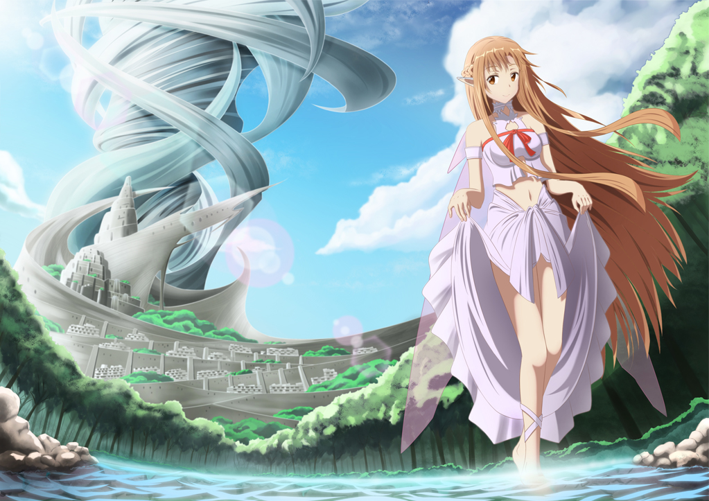 asuna_(sao), asuna_(sao-alo), bare_shoulders, barefoot, brianchan.t.w, brown_eyes, brown_hair, dress