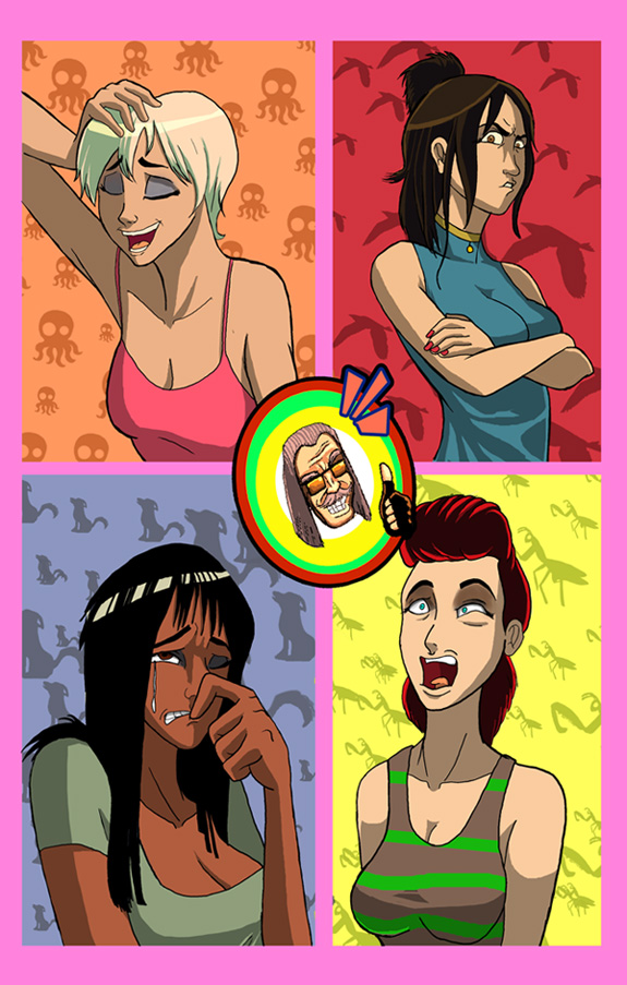 4girls, angry, beauty_and_beast_corps, black_hair, blue_eyes, brown_eyes, crying_wolf, emotions