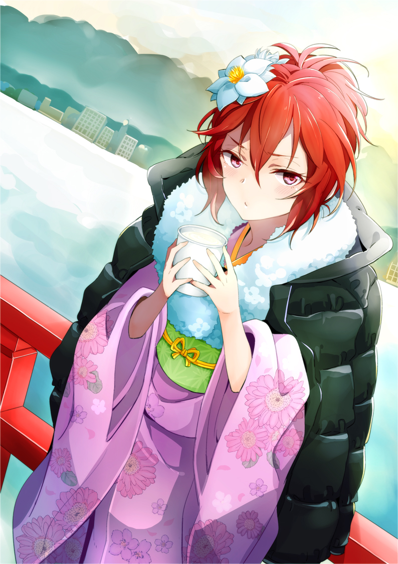 cup, flower, fur, fur_collar, furisode, hair_flower, hair_ornament, idolmaster, idolmaster_cinderella_girls, ishitsuki_merokoa, japanese_clothes, kimono, murakami_tomoe, obi, parka, railing, red_eyes, red_hair, redhead, seaside, short_hair, solo