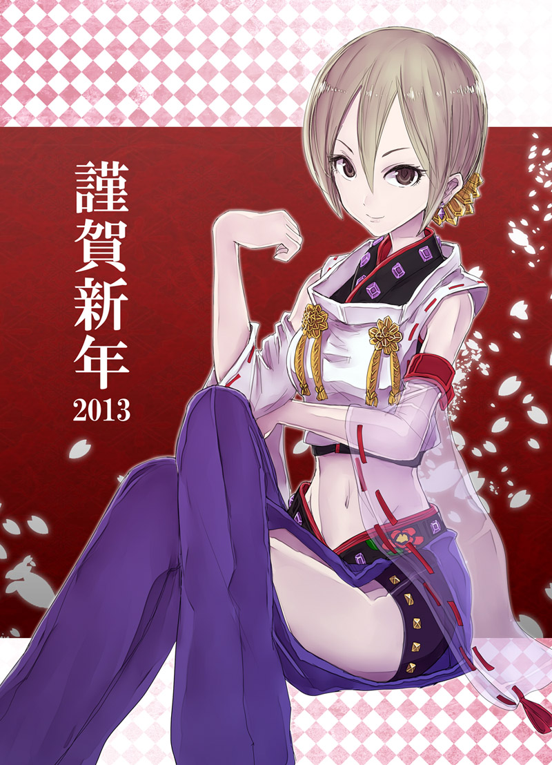 2013, blonde_hair, brown_eyes, brown_hair, detached_sleeves, hair_ornament, hakama, idolmaster