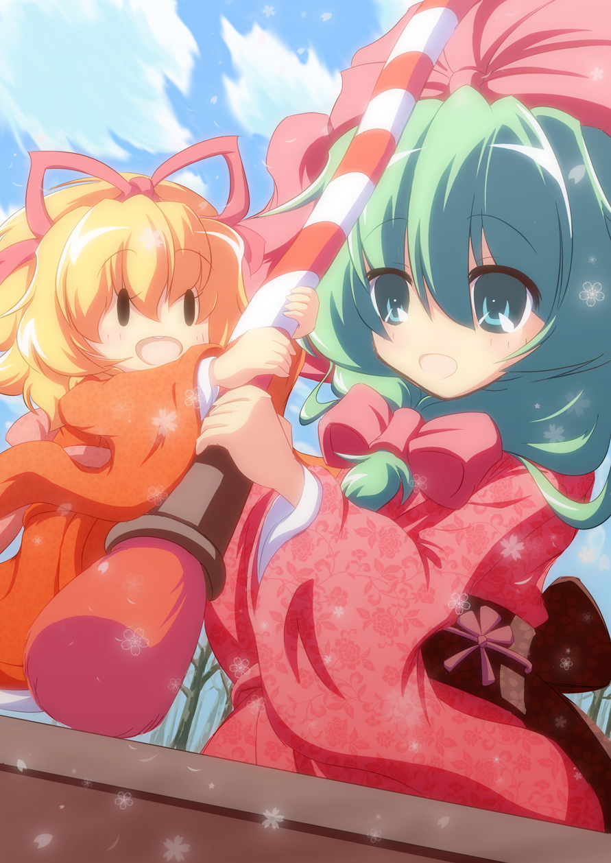 :3, alternate_costume, bell_ringing, blonde_hair, blue_sky, blush, closed_eyes, cloud
