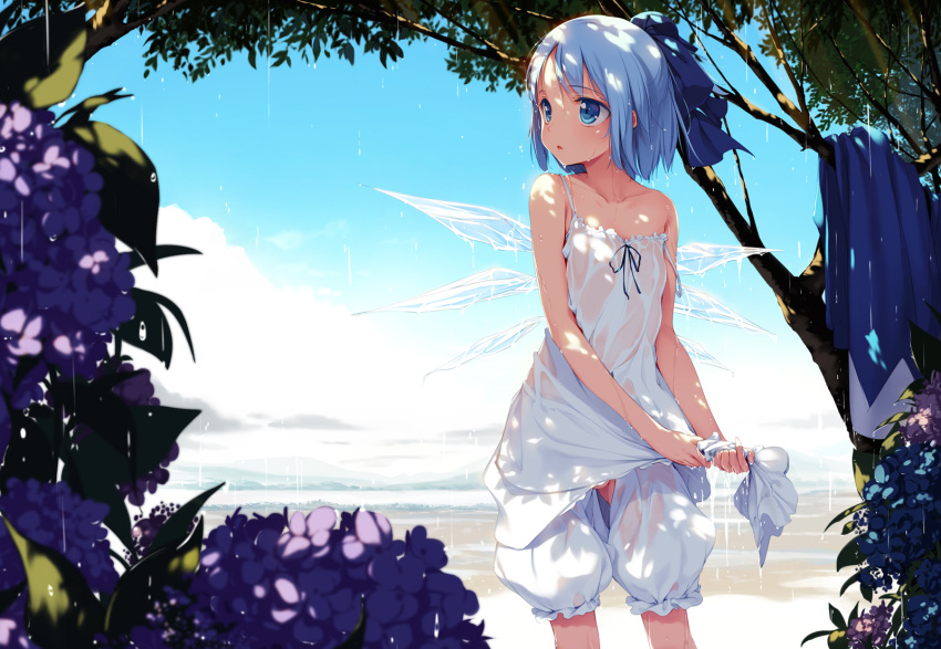 bare_shoulders, bloomers, blue_eyes, blue_hair, blue_sky, blush, bow, camisole