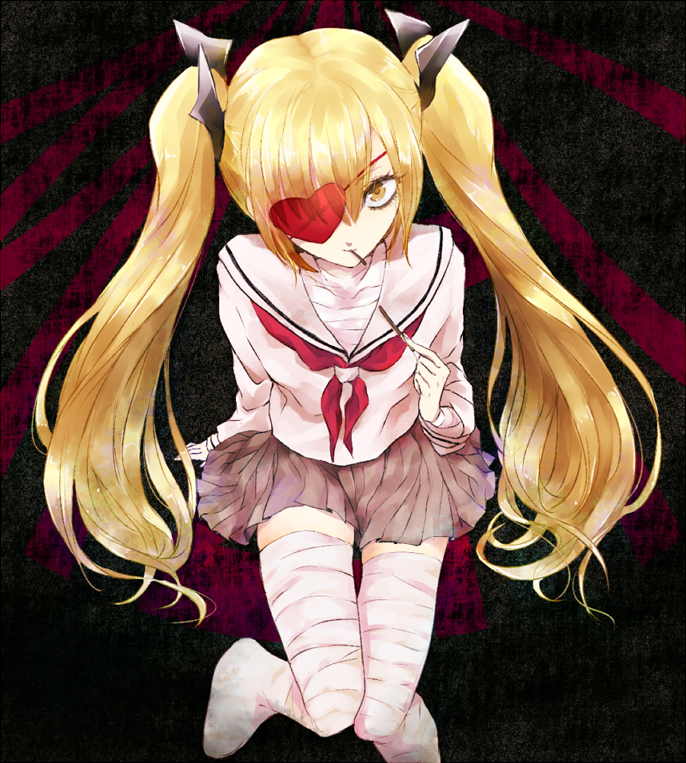 bandage, blonde_hair, eyepatch, heart, karakuri_douji_ultimo, long_hair, mizho, pocky