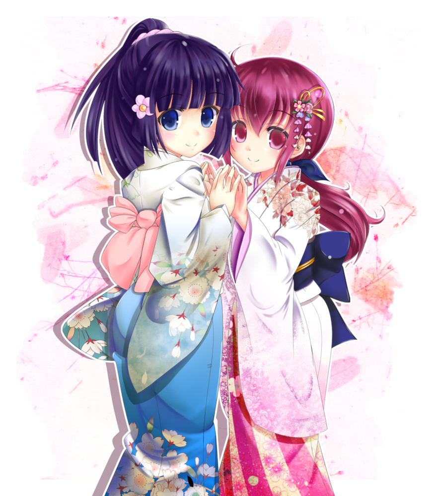 alternate_hairstyle, aoki_reika, back, blue_eyes, blue_hair, cherry_blossoms, floral_print, flower