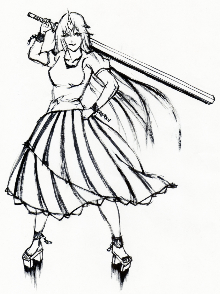 absurdres, breasts, calligraphy_brush_(medium), club, cuffs, geta, hand_on_hip, highres, horn, hoshiguma_yuugi, long_hair, long_skirt, over_shoulder, sandals, shackles, shirokuro_uddo, skirt, solo, t-shirt, touhou, traditional_media, weapon, weapon_over_shoulder