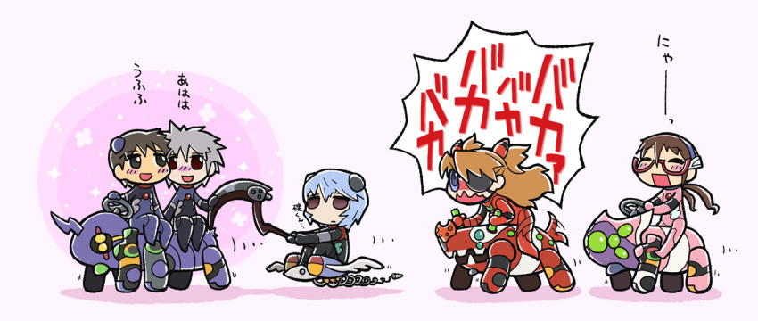 3girls, aaa_wunder, blue_eyes, blue_hair, brown_hair, chibi, eva_02, eva_08
