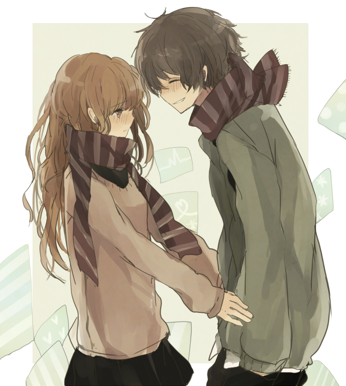 1girl, blush, brown_hair, c4991, closed_eyes, couple, eyes_closed, long_hair, original, scarf, short_hair, smile