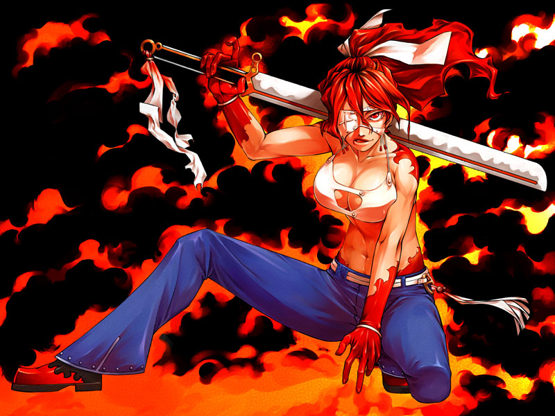 breasts, cleavage, cleavage_cutout, copyright_request, eyepatch, fire, jeans, karukaru, ponytail, red_eyes, red_hair, redhead, solo, sword, weapon