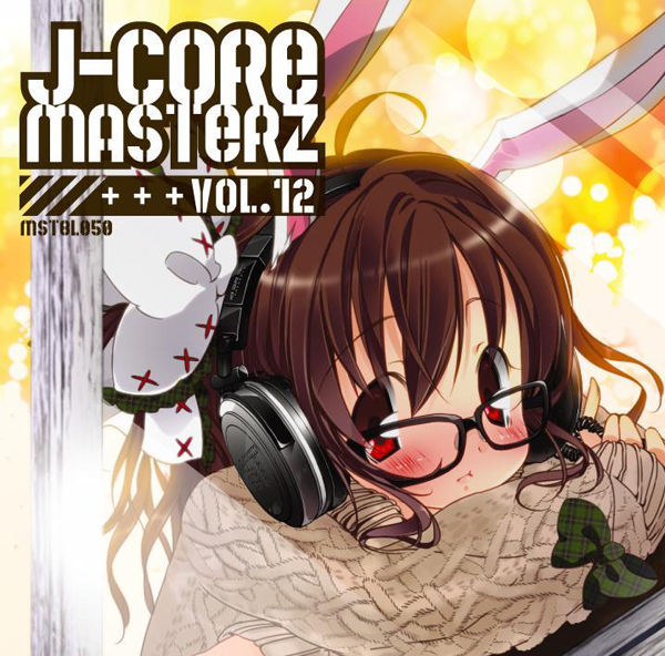 ahoge, album_cover, animal_ears, aran_jumper, blush, bow, brown_hair, bunny_ears, c.jam-packed, cover, glasses, hair_bow, headphones, long_hair, original, rabbit_ears, red_eyes, solo, sweater, wool