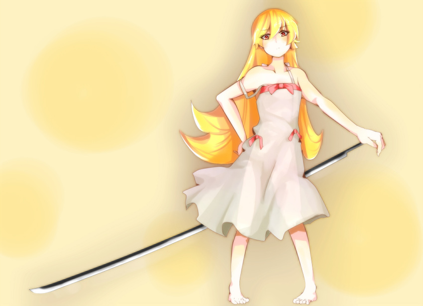 bare_shoulders, barefoot, benbe, blonde_hair, highres, long_hair, monogatari_(series), nisemonogatari