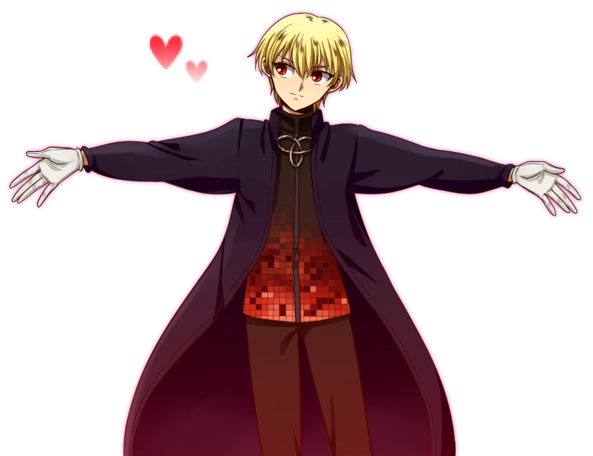 1boy, blonde_hair, cassock, fate/extra, fate_(series), gilgamesh, gloves, heart