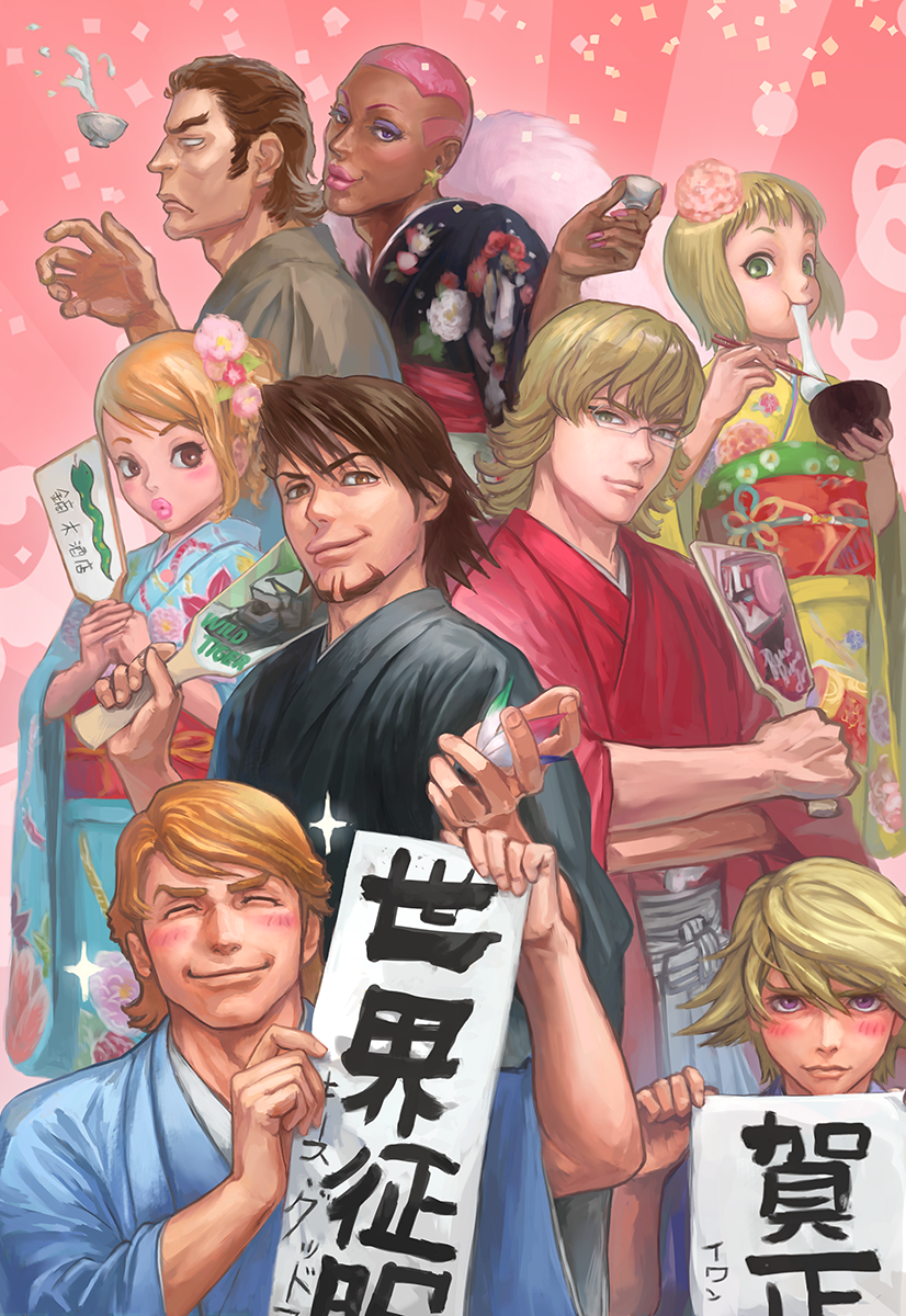 2013, 2girls, 6+boys, antonio_lopez, barnaby_brooks_jr, bibirii, blonde_hair, blue_eyes