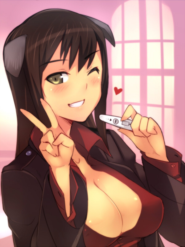 1girl, blush, breasts, brown_hair, cleavage, em, federica_n_doglio, grin