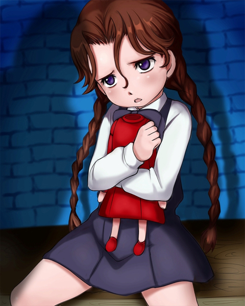 1girl, anita_(vampire), braid, brown_hair, character_request, child, doll, dress
