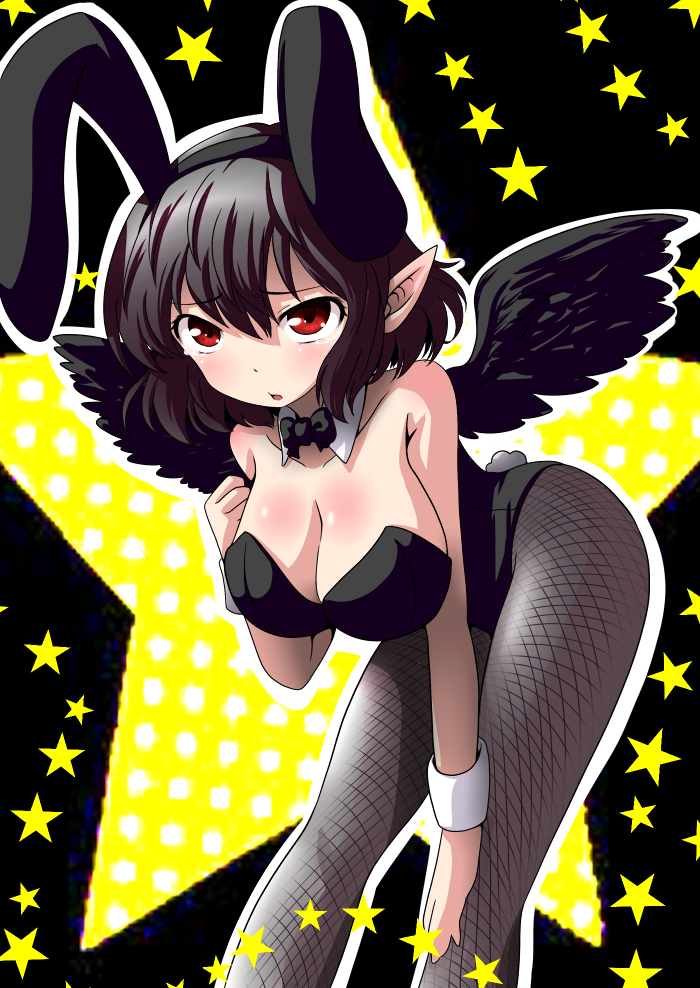 animal_ears, black_hair, black_wings, bowtie, breasts, bunny_ears, bunny_tail, bunnysuit, cleavage, detached_collar, fishnet_pantyhose, fishnets, niyang53, pantyhose, pointy_ears, rabbit_ears, red_eyes, shameimaru_aya, short_hair, solo, tail, touhou, wings, wrist_cuffs