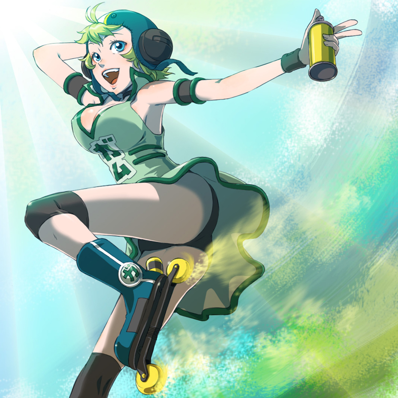 after_image, breasts, dress, face, flying, gum_(jsr), happy, helmet