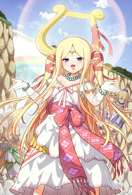 3girls, angel, bare_shoulders, blonde_hair, blue_eyes, blush, bracelet, character_request