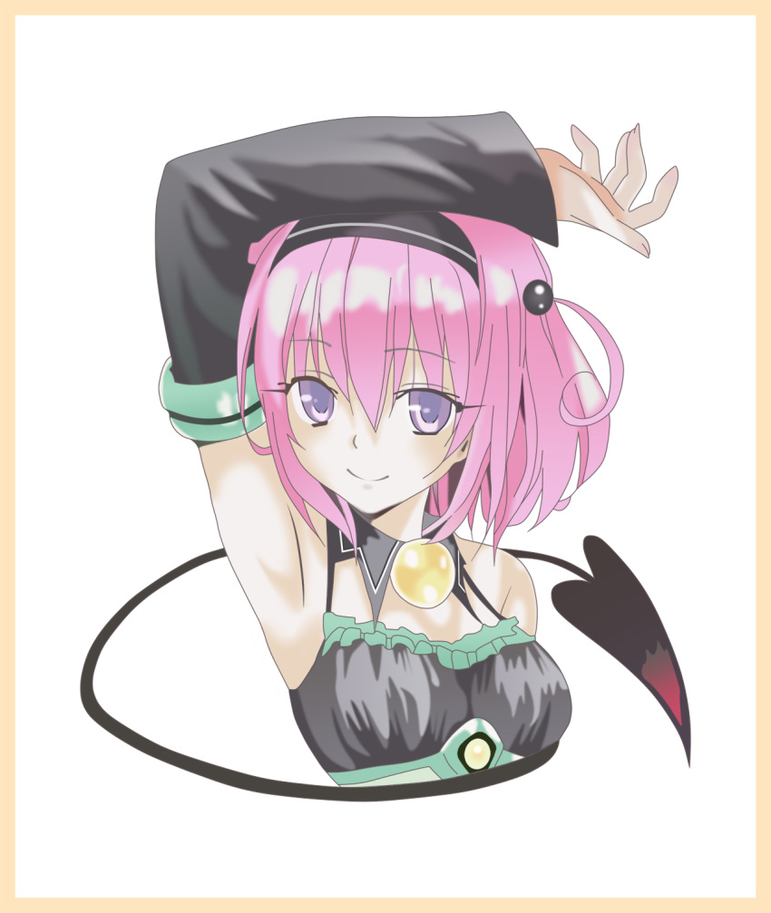 arm_up, armpits, asaka_(asa_net21), breasts, bust, demon_tail, detached_sleeves, hair_bobbles