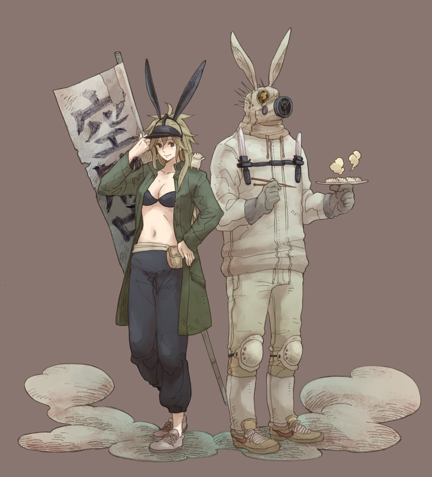 bad_id, bra, breasts, bunny_ears, caiman, chopsticks, cleavage, dorohedoro