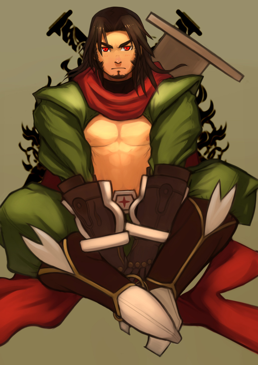 abs, absurdres, blazblue, brown_hair, center_opening, facial_hair, gloves, goatee