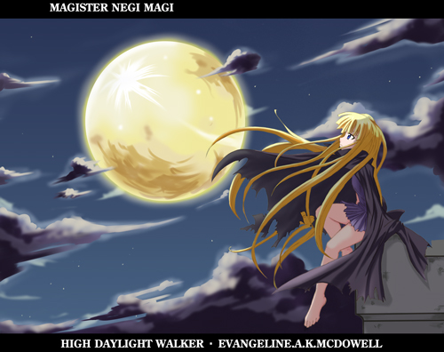 1girl, bare_legs, barefoot, blonde_hair, blue_eyes, character_name, cloak, evangeline_a_k_mcdowell, flat_chest, full_moon, gai, long_hair, lowres, mahou_sensei_negima!, moon, night, night_sky, skirt, sky, solo, very_long_hair
