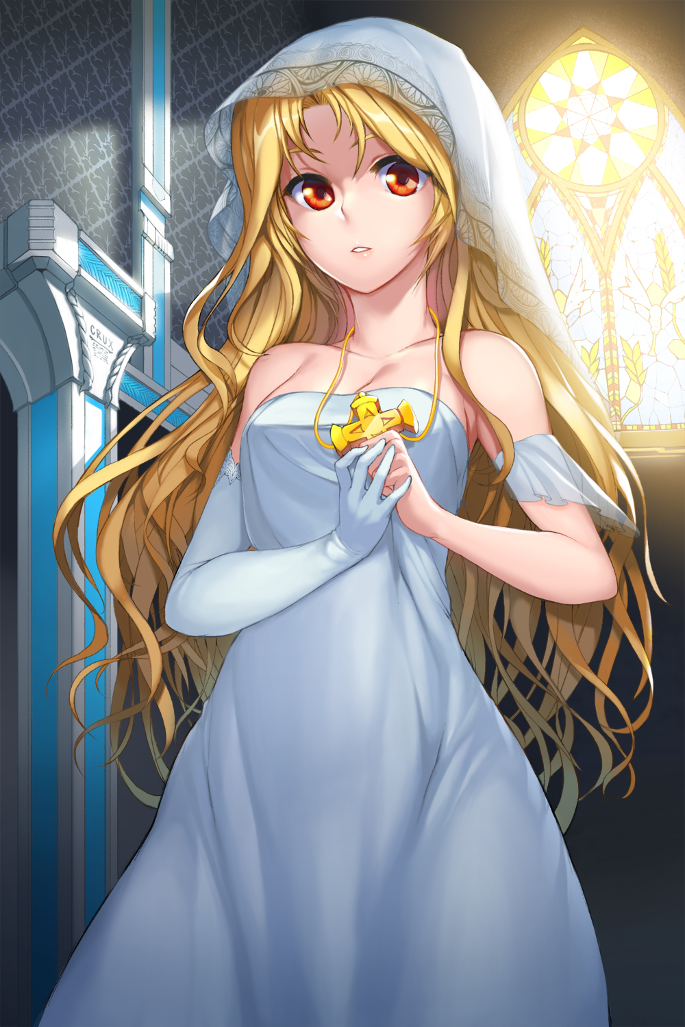 bare_shoulders, blonde_hair, breasts, character_request, cleavage, cross, dress, elbow_gloves