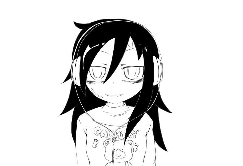 bags_under_eyes, blush, casual, headphones, kurami, kuroki_tomoko, long_hair, monochrome