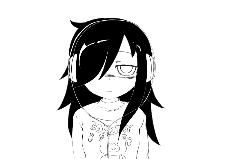 bags_under_eyes, blush, casual, hair_over_one_eye, headphones, kurami, kuroki_tomoko, long_hair, looking_at_viewer, monochrome, solo, sweater, tomoko_kuroki, watashi_ga_motenai_no_wa_dou_kangaete_mo_omaera_ga_warui!, watashi_ga_motenai_no_wa_dou_kangaetemo_omaera_ga_warui!