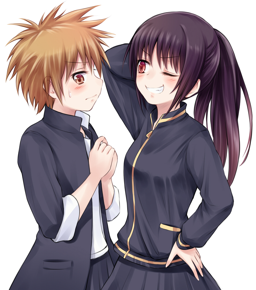 black_hair, blush, brown_eyes, brown_hair, commentary_request, eguchi_sera, grin, jacket, long_hair, multiple_girls, ponytail, red_eyes, saki, saki_achiga-hen, school_uniform, serafuku, shimizudani_ryuuka, short_hair, skirt, sleeves_rolled_up, smile, suzushiro_yukari, sweatdrop, takakamo_shizuno, takakamo_shizuno_(cosplay), track_jacket