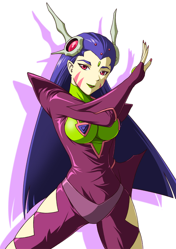 90s, alien, bodysuit, breasts, facial_mark, fingernails, forehead_mark, green_lipstick
