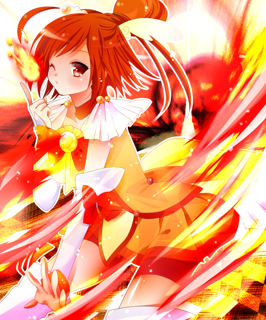;0, bike_shorts, boots, choker, cure_sunny, dress, fire, highres