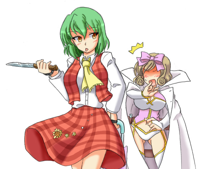 :p, ascot, blush, brown_eyes, brown_hair, cosplay, dress_shirt, green_hair, haruka_(senran_kagura), hikage_(senran_kagura), kazami_yuuka, kazami_yuuka_(cosplay), knife, look-alike, milen_anessar, multiple_girls, orange_eyes, plaid, plaid_skirt, plaid_vest, senran_kagura, shirt, short_hair, skirt, tongue, touhou, umbrella, vest