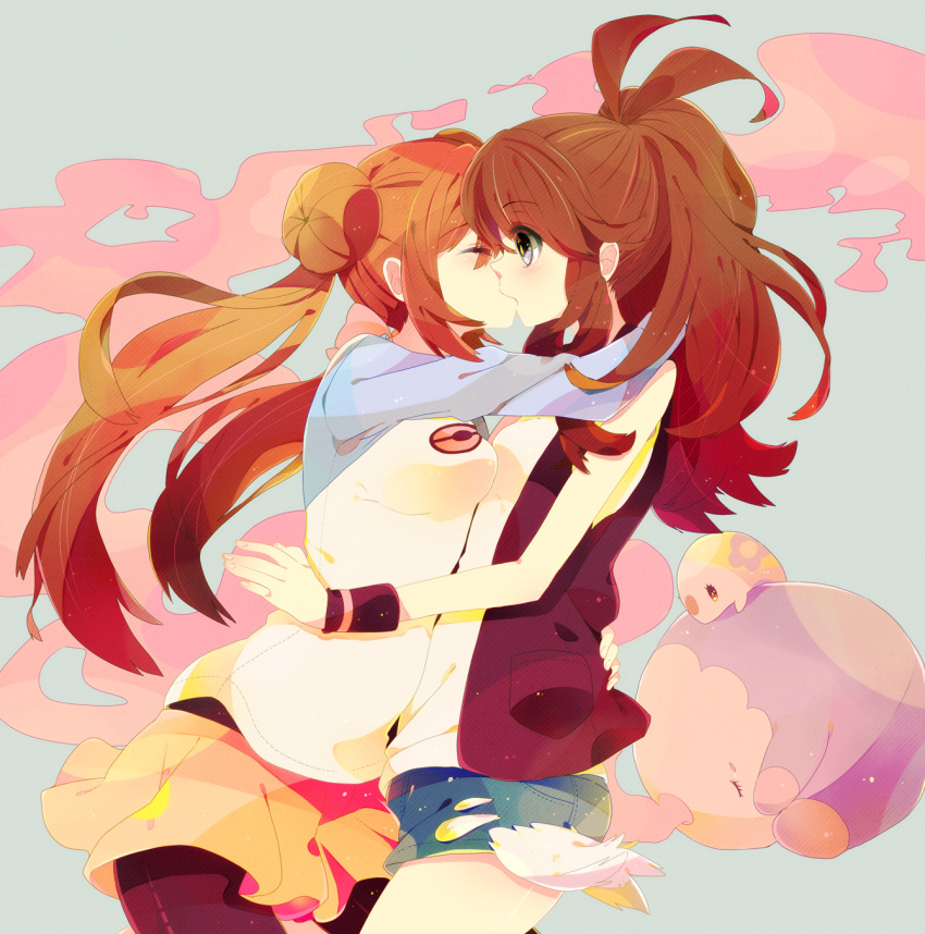 2girls, black_legwear, blue_eyes, breasts, brown_hair, double_bun, highres, kiss