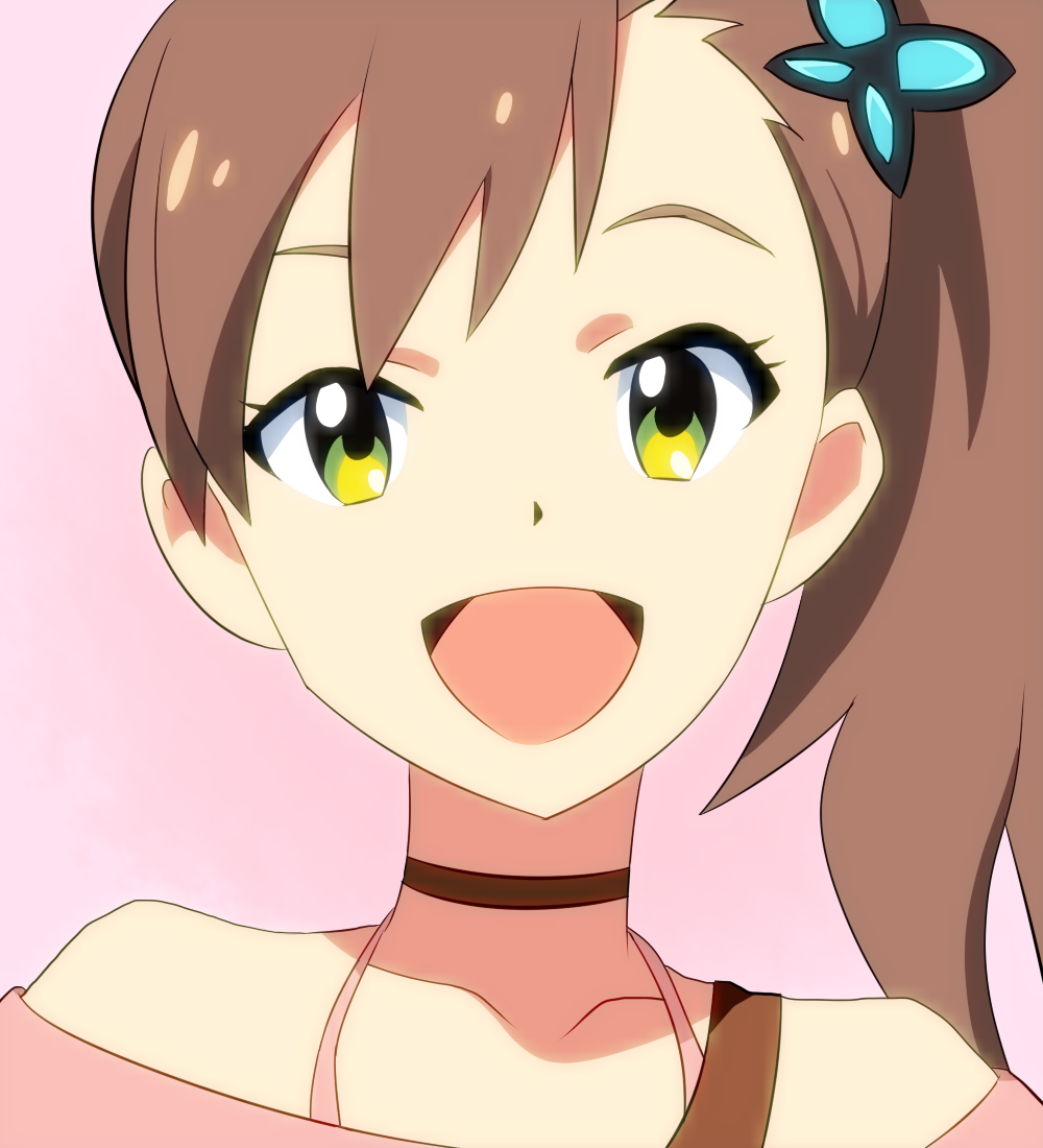 1girl, butterfly_hair_ornament, chousoku_henkei_gyrozetter, female, futami_mami, green_eyes, hair_ornament, idolmaster
