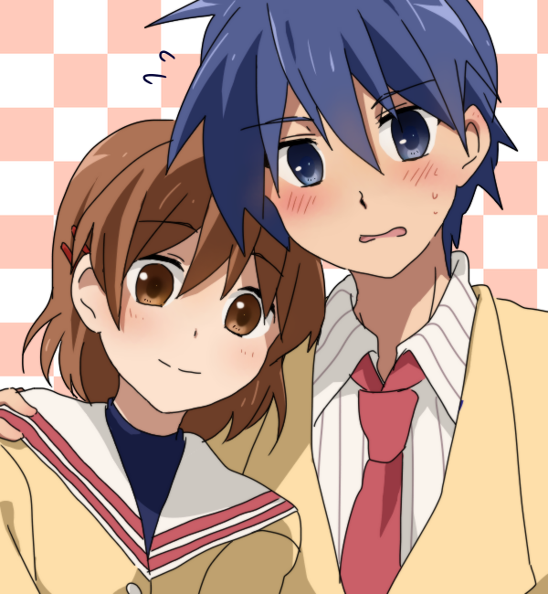 1girl, blue_eyes, blue_hair, blush, brown_eyes, brown_hair, clannad, couple, flying_sweatdrops, furukawa_nagisa, hapoa, male, okazaki_tomoya, open_mouth, school_uniform, short_hair, wavy_mouth, winter_uniform