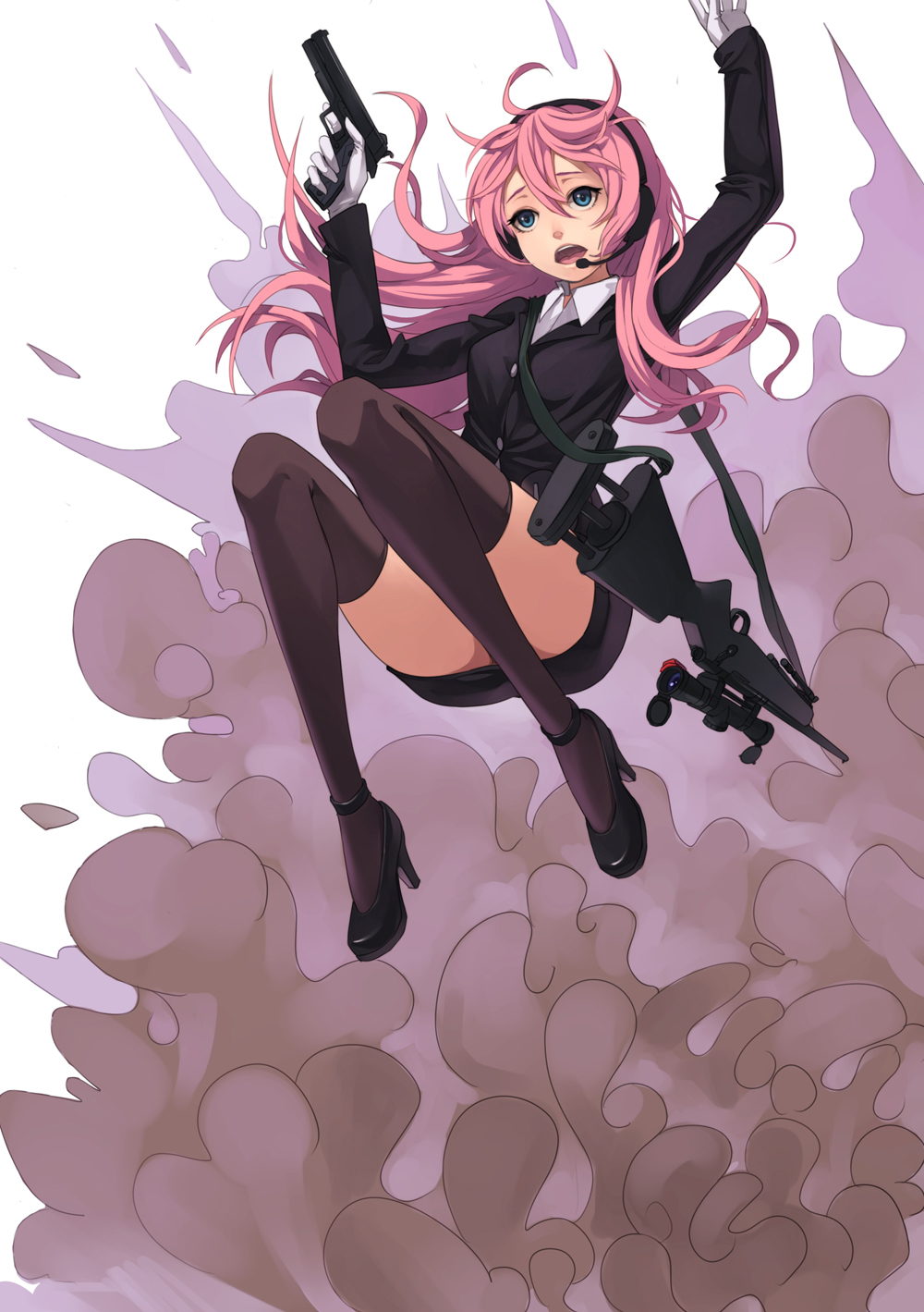 blue_eyes, fkey, gun, handgun, headphones, headset, high_heels, highres, long_hair, m1911, m24, megurine_luka, pink_hair, rifle, shoes, sniper_rifle, solo, thigh-highs, thighhighs, trigger_discipline, vocaloid, weapon