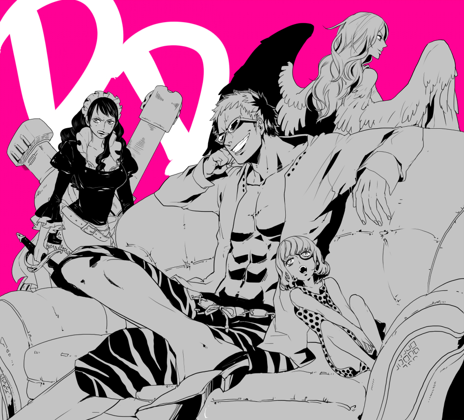 3girls, abs, apron, baby_5, bazooka, belt, cigarette, clenched_teeth