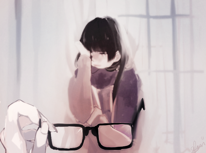 1girl, arm_up, black_hair, blurry, blurry_vision, blush, glasses, glasses_removed, long_hair, original, pov, scarf, tears, wiping_tears