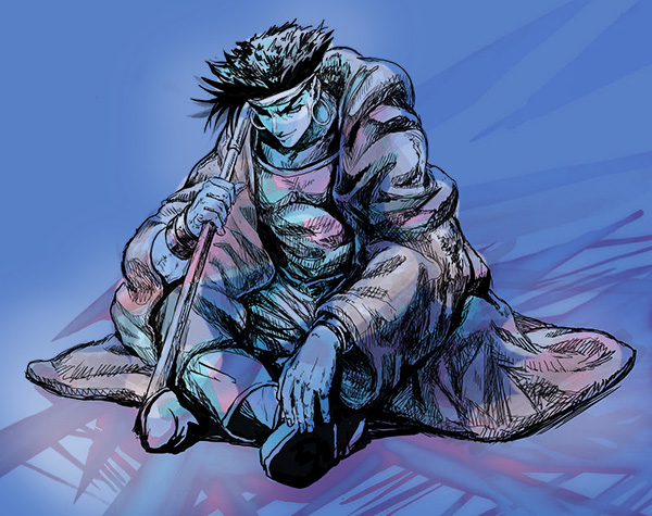 1boy, cane, cloak, closed_eyes, cs4able, eyes_closed, headband, indian_style