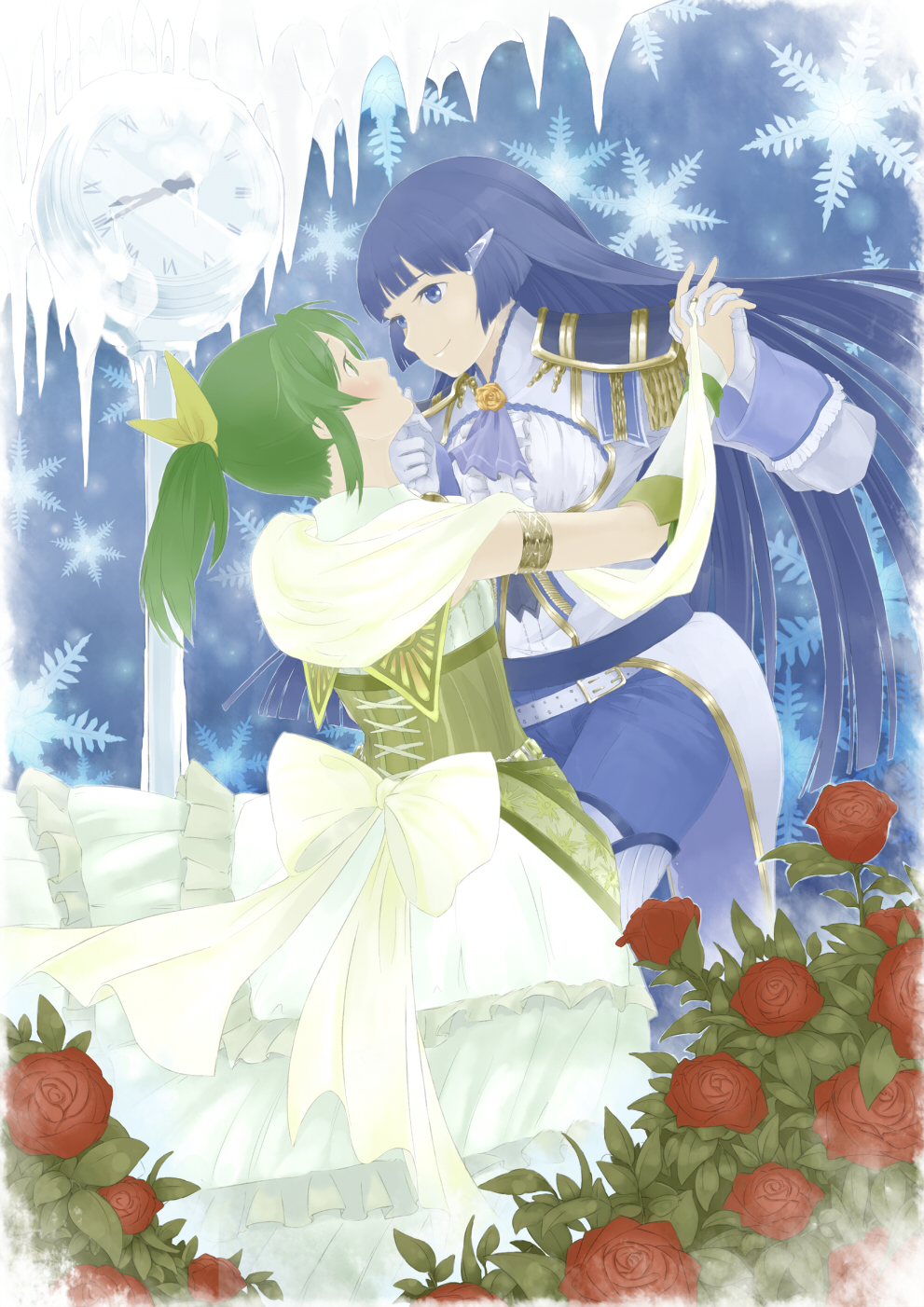 2girls, aoki_reika, blue_eyes, blue_hair, blush, chin_lift, cinderella, cinderella_(cosplay)