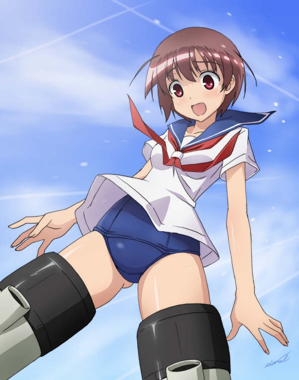 1girl, brown_hair, look-alike, miastral_violet, miyafuji_yoshika, miyafuji_yoshika_(cosplay), miyanaga_saki, red_eyes