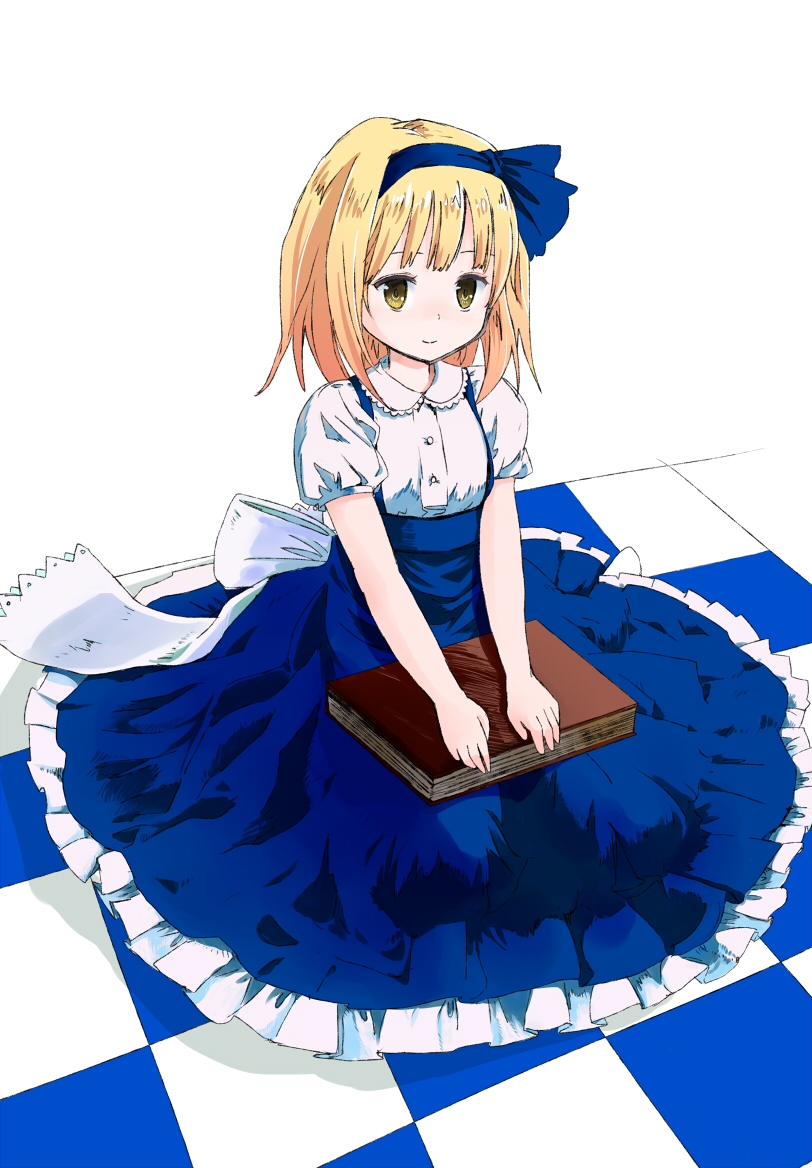 1girl, alice_margatroid, alice_margatroid_(pc-98), blonde_hair, blush, book, bow, checkered