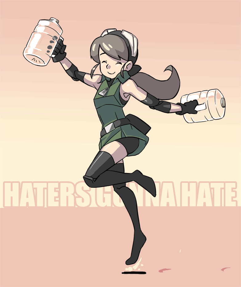1girl, animated, animated_gif, black_legwear, bottle, brown_hair, closed_eyes, colored, dated, elbow_pads, english, eyes_closed, fanny_pack, goggles, goggles_on_head, happy, junkpuyo, long_hair, meme, minidress, original, plume_(junkpuyo), ponytail, shorts_under_skirt, skipping, sleeveless, solo, text, thigh-highs, thighhighs, water_bottle, water_tank, zipper