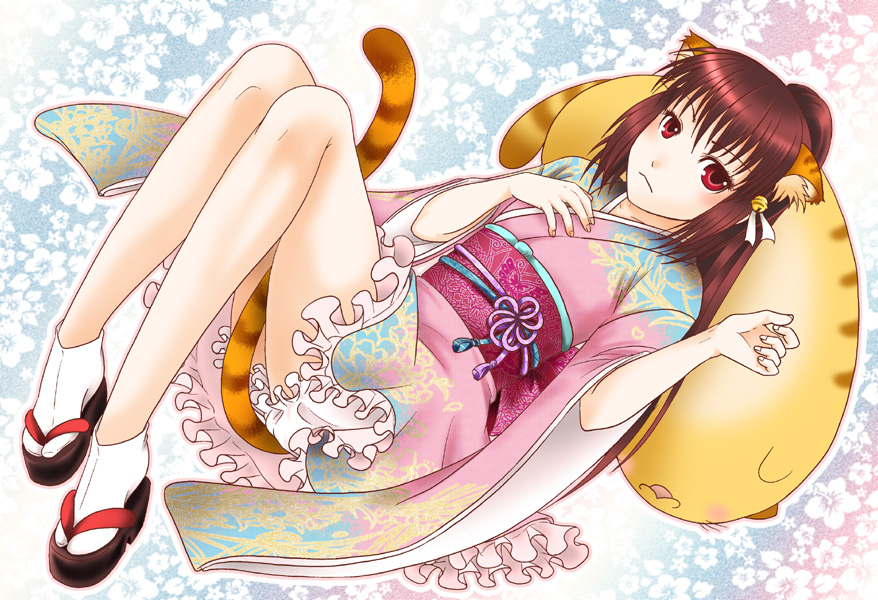 bad_id, bell, brown_hair, frills, gathers, japanese_clothes, kimono, kimono_skirt