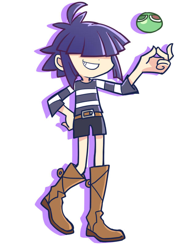 1girl, a-ka, boots, gorillaz, hair_over_eyes, murdoc_niccals, noodle_(gorillaz), purple_hair